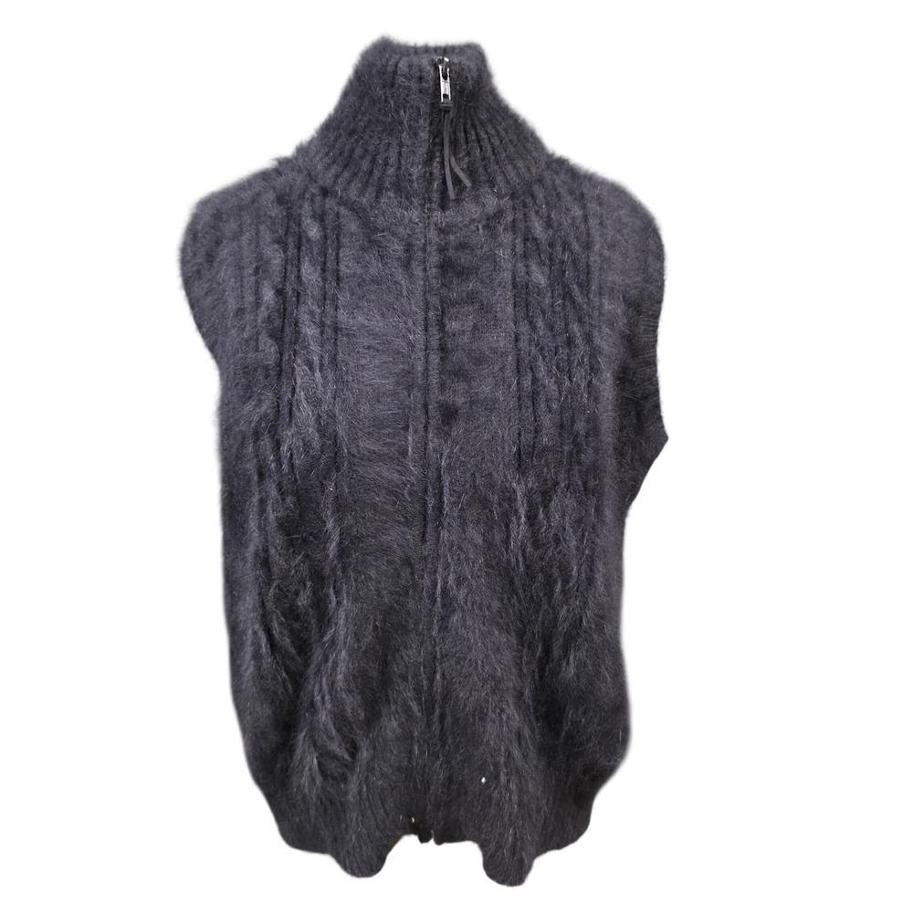 Venesha Angora Blend Vest Womens Medium Black Good Fuzzy Cable Knit Zip Up